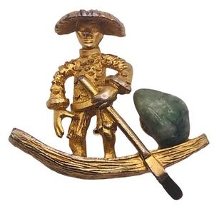 Vintage Green Faux Jade Asian Chinese Man Junk Boat Brooch Pin